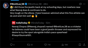 Brett Lee's Humorous Take: Responds to Neeraj Chopra's Javelin Throw Suggestion