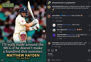 Matthew Hayden's Bold Ashes Bet: Ex-Opener Vows Nude MCG Walk if Joe Root Fails to Score Century in Australia
Hoặc:
Hayden's Cheeky Ashes Wager: Daughter Joins Plea for Joe Root Century After Ex-Opener's Nude Promise