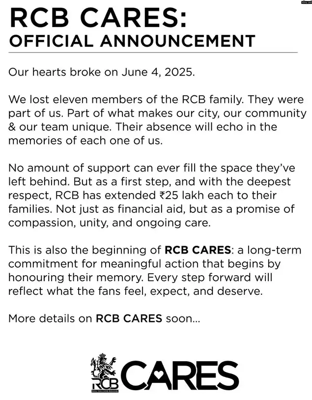 RCB Pledges Financial Aid, Launches 'RCB CARES' After Bengaluru Stampede Tragedy